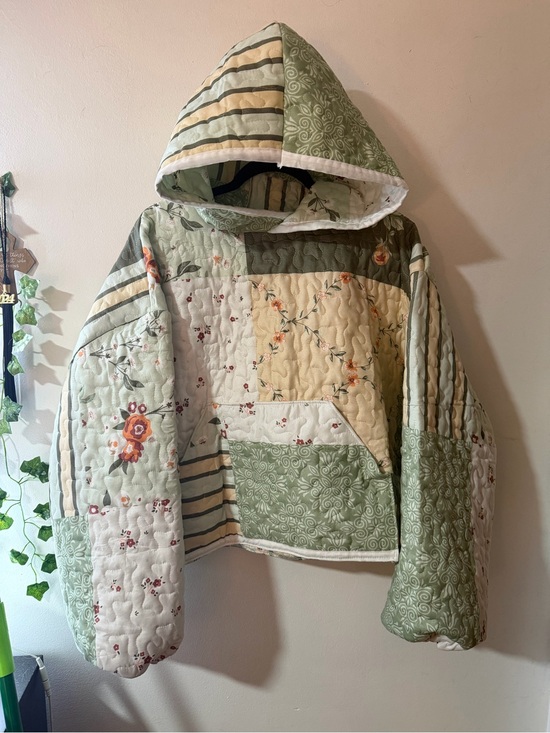Handmade Tops - (SOLD) Quilted Patchwork Hooded Sweatshirt in Sage & Cream